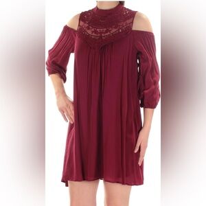NWT As U Wish Sz M Juniors Cold Shoulder Lace Neck Burgundy Dress 3/4 Sleeve